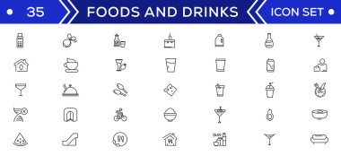 Yiyecek ve içecek ikonu koleksiyonu seti. İnce taslak simgeler. Et, süt, erişte, çorba, ekmek, yumurta, pasta, tatlı, meyve, sebze, içecek, beslenme, pizza, balık, sos, peynir ikonu
