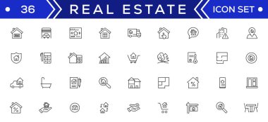 Gayrimenkul, çok küçük bir ağ simgesi seti. Simgeler arasında emlak, mülk, ipotek, ev kredisi ve daha fazlası vardı. Taslak simge koleksiyonu