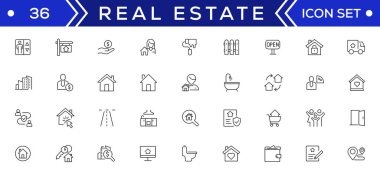 Gayrimenkul, çok küçük bir ağ simgesi seti. Simgeler arasında emlak, mülk, ipotek, ev kredisi ve daha fazlası vardı. Taslak simge koleksiyonu