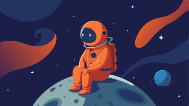 Küçük, kraterli bir uydunun üzerinde oturan bir astronotun garip dijital çizimi.
