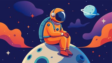 Küçük, kraterli bir uydunun üzerinde oturan bir astronotun garip dijital çizimi.