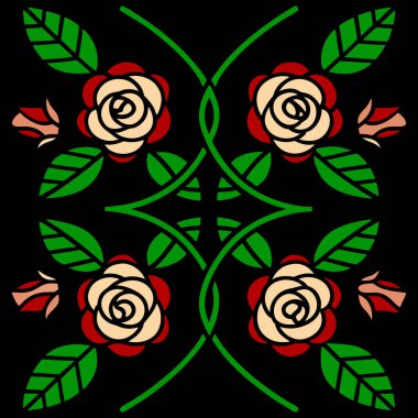 Siyah arka planda kırmızı ve krem güllerle süslü çiçek desenleri