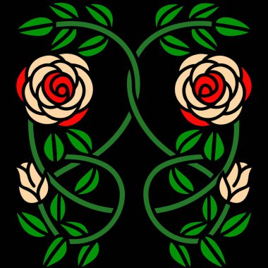 Siyah arka planda kırmızı ve krem güllerle süslü çiçek desenleri