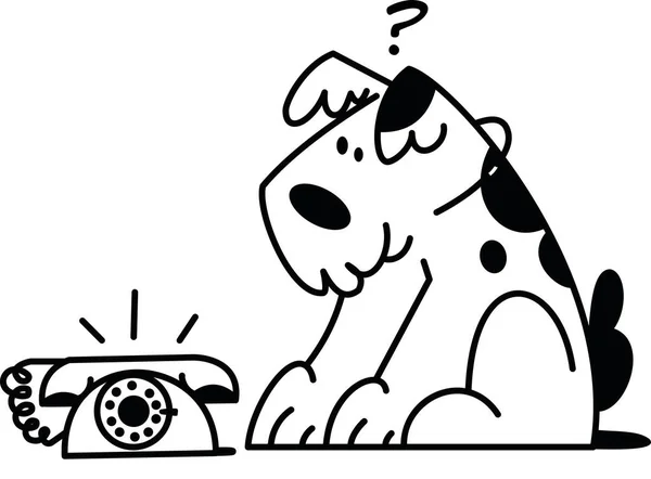 線型ベクトル図 大きなふわふわの黒と白の犬が電話の近くに座っている — ストックベクタ