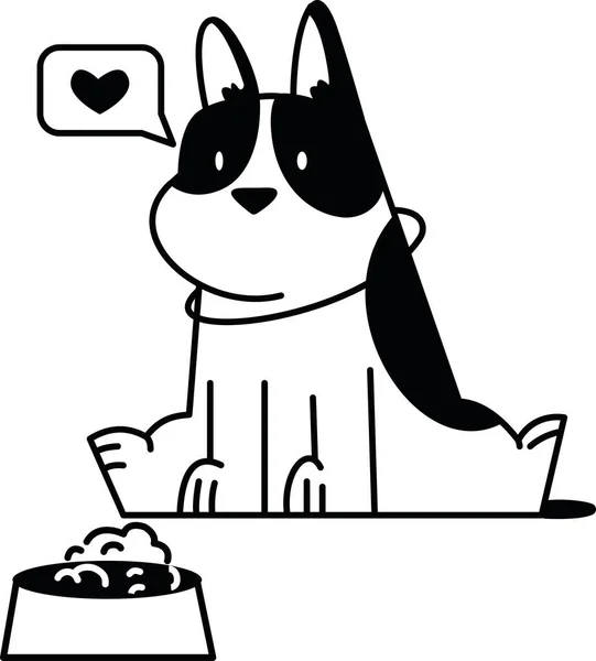 線形ベクトル描画 黒と白の斑点フランスのブルドッグ座って幸せな近くのボウルの犬の食べ物 — ストックベクタ