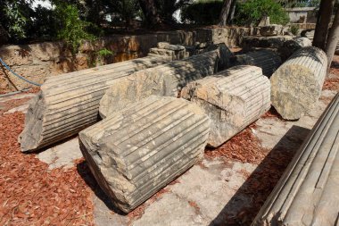 Kırık flüt sütunları, yemyeşil ve tarihi taş yapılarla çevrili antik harabelerin arasına dağılmış..