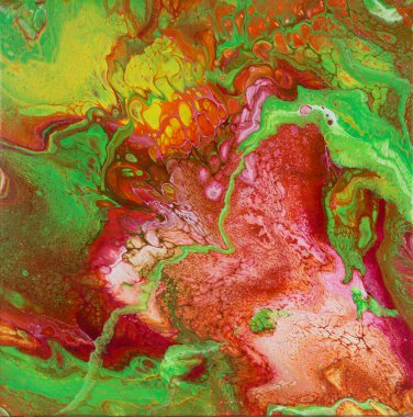 Kalın yeşil, kırmızı ve sarı kıvrımlı dinamik soyut sanat eserleri akışkan bir kalıpta kusursuz bir şekilde harmanlanmış, arka plan, modern dekor ve yaratıcı tasarımlar için mükemmel..