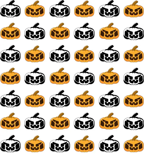 stock vector This vibrant illustration pattern features a grid of Halloween-themed pumpkins, each with unique carved expressions.