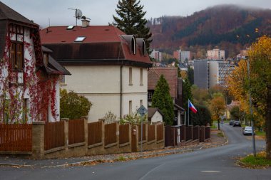 Autumn Caddesi, Sabahın Başı, Çek Cumhuriyeti 'ndeki Orman Dağları' nın Arkaplanına Karşı. Yüksek kalite fotoğraf