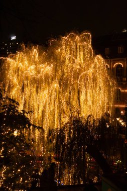 Christmas willow in warm lights, on the shore of the lake in the evening, in the Tivoli Gardens. High quality photo clipart