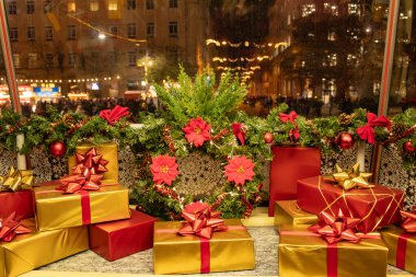 festive gift boxes, in the Czech, Christmas tram in Brno. High quality photo clipart