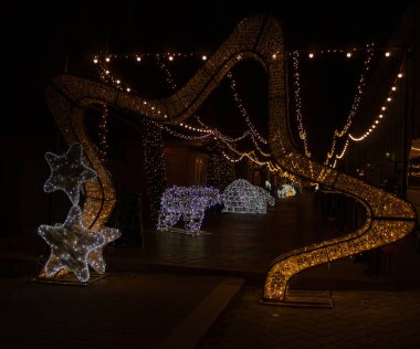 Kutup ayısı, Noel pazarında, yanan ışıklarda, Çek Cumhuriyeti 'nin Brno şehrindeki ıssız bir sokakta. Yüksek kalite fotoğraf