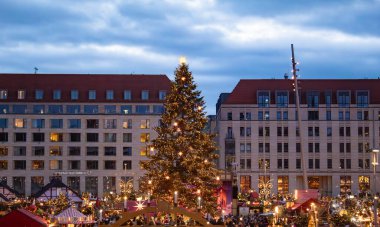 Dresden, Almanya 'nın eski Noel meydanında Noel ağacı, Noel pazarı. Yüksek kalite fotoğraf