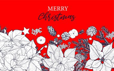 Kırmızı renkte mutlu noeller. Tipografisi olan modern Xmas tasarımı, güzel Noel ağacı, Noel tatlıları. Mevsim afişi, poster, kapak için moda el çizimleri