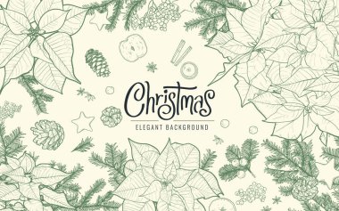 Modern Mutlu Noeller dizaynı, tipografi, noktalama, çam kozalakları, çam dalları. Sezonun afişi, posteri, kapağı için zarif bir el çizimi.