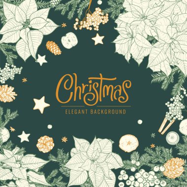 Mutlu Noeller kare tasarım şablonu. Typography, poinsettia, pine cones, pine branches ile modern Xmas tasarımı. Mevsim afişi, posteri, kapağı için modaya uygun vektör çizimi