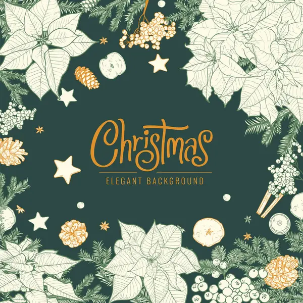 Mutlu Noeller kare tasarım şablonu. Typography, poinsettia, pine cones, pine branches ile modern Xmas tasarımı. Mevsim afişi, posteri, kapağı için modaya uygun vektör çizimi