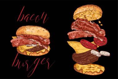 Kıymalı pastırma burger, soğan, mayonez, ketçap, peynir, pastırma ve ekmek ekmeği. Çizgi çizimi el çizimi ve renkli. Malzemeler ayrı ayrı gruplandırılır. Ayrı malzemeler uçuyor..