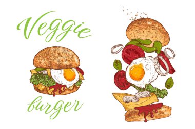 Sebzeli burger vektör çizgisi çizilmiş. Beyaz arka planda domates, turşu, fesleğen, marul, soğan, vejetaryen eti, yumurta. 