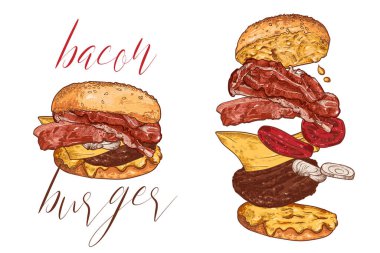 Kıymalı pastırma burger, soğan, mayonez, ketçap, peynir, pastırma ve ekmek ekmeği. Çizgi sanatı vektör eli monokrom burger çizdi.