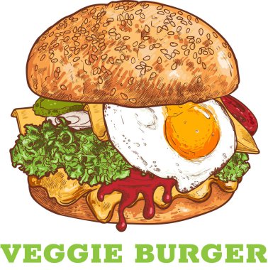 Sebzeli burger vektör çizgisi çizilmiş ve boyanmış. Domatesli hamburger, turşu, fesleğen, marul, soğan, vejetaryen eti, yumurta. İçindekiler ayrı gruplandırılmış. 