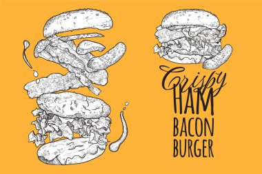 Siyah beyaz vektör kıtır jambonlu hamburger. Vektör çizgisi çizili, pastırmalı, turşulu, marullu, pastırmalı, restoran veya pub 'ın menü tasarımı için ekmek renginde hamburger. İçindekiler ayrı ayrı gruplandırılır. 