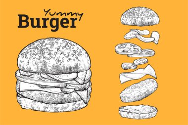 Siyah beyaz leziz bir burger. Turşu, domates, peynir, soğan, mayonez, ketçap, ekmek ekmeği ve etle boyanmış lezzetli bir hamburger çizimi. İçindekiler ayrı gruplandırılmış.