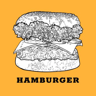 Vektör jambon çizgisi çizimi, çizilmiş siyah çizgiler ve beyaz dolgu. Marullu fast food, salatalık turşusu, peynir, soğan, kıyma, ekmek ekmeği. İçindekiler ayrı gruplandırılmış.