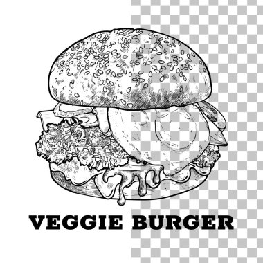 Sebzeli burger vektör çizgisi çizimi, siyah çizgili, dolgu yok ve ince detaylar. Domatesli hamburger, turşu, fesleğen, marul, soğan, vegan eti, yumurta.