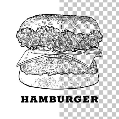 Siyah çizgili bir hamburger. Vektör jambon çizgisi çizimi, marul, salatalık turşusu, peynir, soğan, kıyma, ekmek ekmeği ile fast food çizimi. Siyah özet, dolgu yok, ince detaylarla.. 