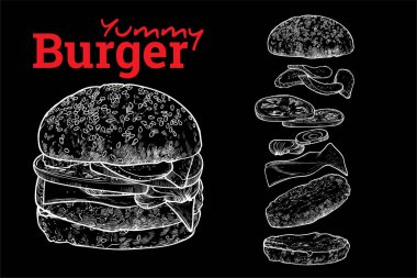 Turşu, domates, peynir, soğan, mayonez, ketçap, ekmek ekmeği ve etle çizilmiş lezzetli bir hamburger çizimi. Katmanlı çizilmiş.