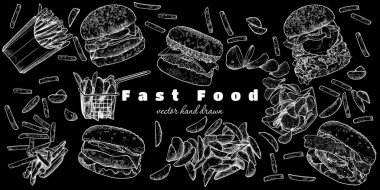 Hamburger, patates kızartması, marul, et, ekmek, çörek, peynir, yumurta ve pastırma karışımı. Tasarımınızda düzenlemek ve kullanmak kolay.