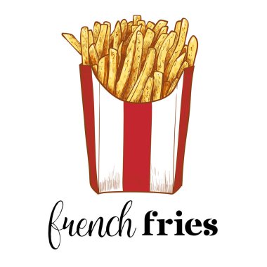 El yapımı vektör kenarlı patates kızartması. Kırmızı ve beyaz çizgili bir kutuda, ana hatları, dolgusu ve ayrıntıları ayrı gruplar halinde olan lezzetli sarı turuncu kızarmış patatesler. Bu varlık kullanıma hazır ve düzenlenmesi kolay. 