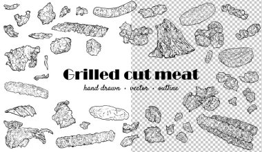 El yapımı vektör sandviç, burger, shawarma, kebap için ızgara et malzemeleri. Ana hatları kolayca adapte edilebilir ve baskı ve çevrimiçi tasarımlarda kullanılabilir. 