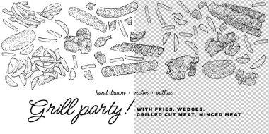 Elle çizilmiş vektör ana hatlarıyla ızgara et ve patates kızartması. Gıda arkaplanı, ana hatları uyarlaması ve baskıda ve çevrimiçi tasarımlarda kullanılması kolay. 
