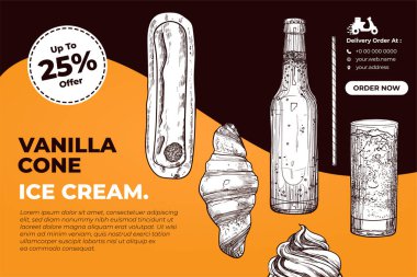 Bar, restoran ya da kafe tasarım kapağı yan ve üst görünüm ekiniyle, kruvasan, soda şişesi, saman, muffin ile soda bardağı. Vektör el, ana hatlarıyla ve ayrı gruplarla yiyecek varlıklarını çizdi.