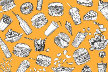Vektör el çizimi hamburger, patates kızartması, tatlı ve içecek arka planı. Vektör çizgisi ve sarı arkaplanı doldur. Taslak ve dolgu ayrı gruplandırılmış.