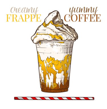 Kremalı frappe, lezzetli kahve. Krema, köpük ve şuruplu el yapımı vektör kahve. Kullanıma hazır ve düzenlenmesi kolay içecek varlığı.