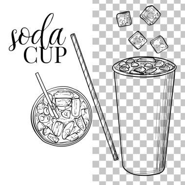 Elle çizilmiş vektör soda. Buzlu ve samanlı kağıt bardak. İçki varlıklarının üst ve yan görüşleri kullanıma hazır ve düzenlenmesi kolay. Siyah özet, dolgu yok, ince detaylarla.. 
