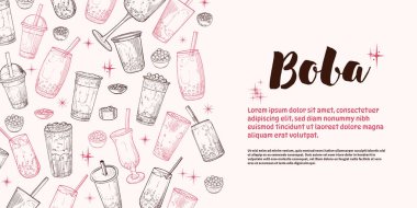 Landscape banner with hand drawn bubble teas. The illustration is outline only. Boba milk teas background with text on the side. Beverages with straws isolated.  clipart