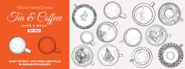 Vector hand drawn tea and coffee cups and mugs top view collection. Outline drinkware for coffee or tea menus. Isolated tea cups and coffee mugs with outlines and fills separate.  clipart