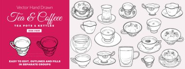 Vector hand drawn tea and coffee cups and mugs collection. Outline drinkware for coffee or tea menus. Isolated tea cups and coffee mugs with outlines and fills separate.  clipart