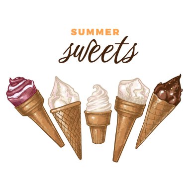 Konilerde el çizimi vektör dondurmalar. Vanilyalı, çikolatalı, meyveli, çikolatalı ve karamelli dondurmalı tatlı. Vektör besin varlıklarını düzenlemek ve kullanmak kolay. 