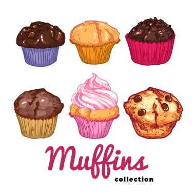 Düz renkli tasarımı olan vektör elle çizilmiş kekler. Çikolatalı, meyveli ve vanilyalı altı kek. Vektör besin varlıklarını düzenlemek ve kullanmak kolay. 