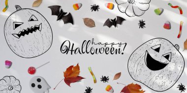 Cadılar Bayramı temalı sosyal medya görüntüsü. Benzersiz bir tasarım için el çizimi sanat öğeleri ve raster gerçek varlıklar karışımı. Gerçek şekerli, yapraklı, örümcekli, yarasalı gülen çizgili sanat balkabakları..