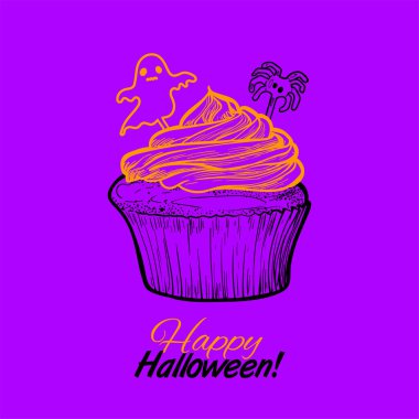 Örümcekli ve hayaletli el çizimi kek sanatı. Mor arka planda Cadılar Bayramı için tatlı bir pastanın taslağı..