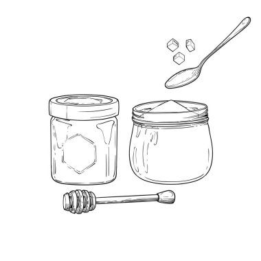 Çizgili bal kavanozu ve şeker kavanozu. Ballı şeker ve şeker küplü kaşık. Tatlı tatlı ve malzemenin el çizimi çizimi. Sadece özet, beyaz arkaplanda izole.