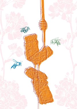 Line art vector honey illustrations with honeycomb, bees and a dipper dripping honey. Hand drawn poster design highly detailed with cherry blossoms on the background.  clipart