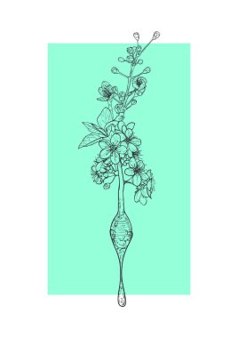 A4 poster design with a line art cherry blossoms flower combined with a dipper dripping honey. Hand drawn vector illustration.  clipart