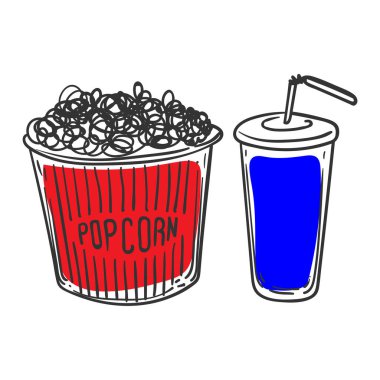 Doodle of popcorn bucket and plastic soda cup with a straw. Simple outline of movie snacks made out of corn. Vector illustration for online and print design projects.  clipart